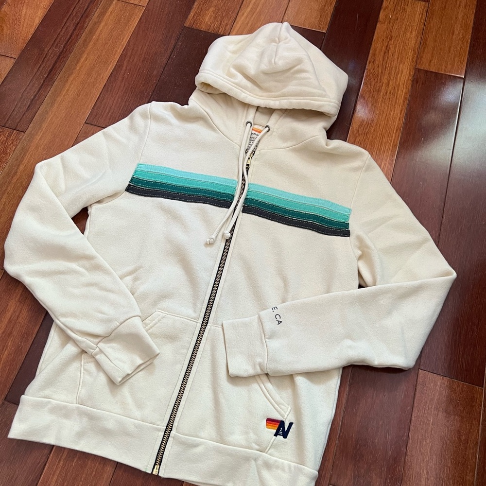 RARE Aviator Nation 4-Stripe Zip Hoodie - Vintage White - S